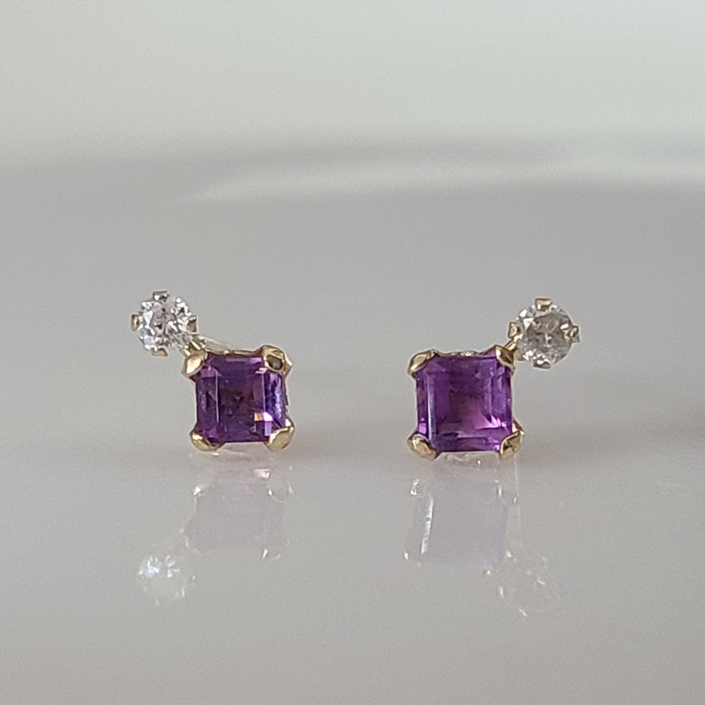 Dainty Amethyst and Diamond 10K Gold Stud Earrings